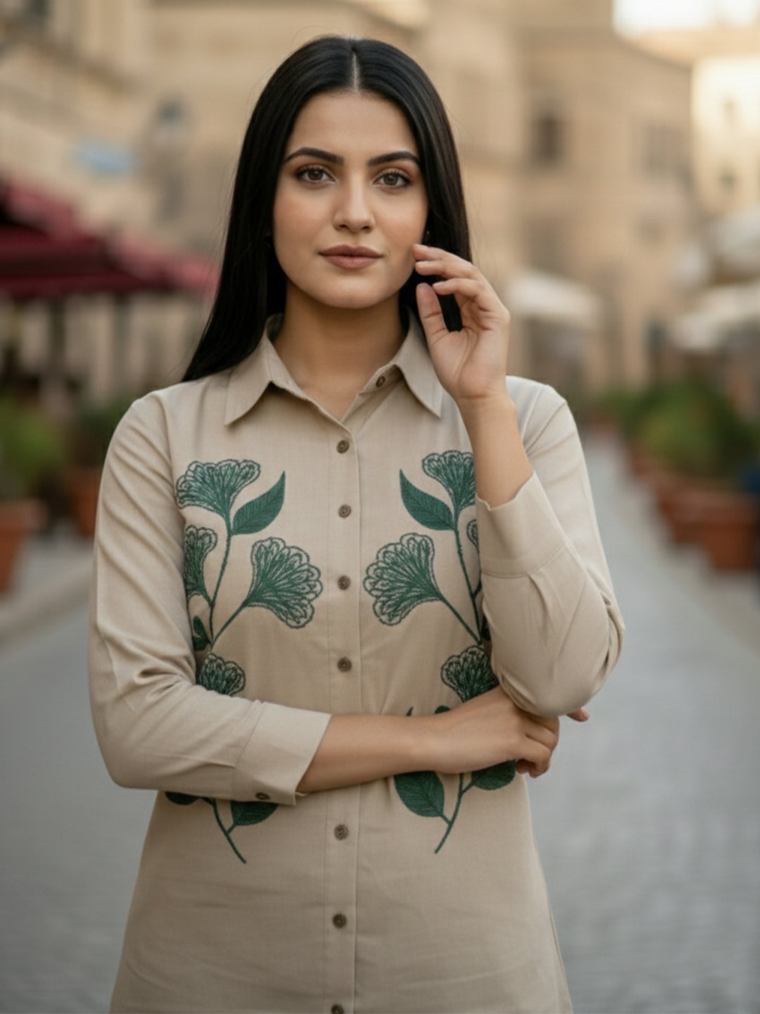 TerraDesi Sandstone Botanical Embroidered Crepe Shirt – Elegant Heritage Wear