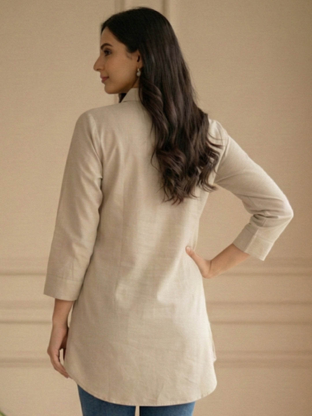 TerraDesi Sandstone Bloom Embroidered Crepe Shirt – Timeless Neutral Elegance