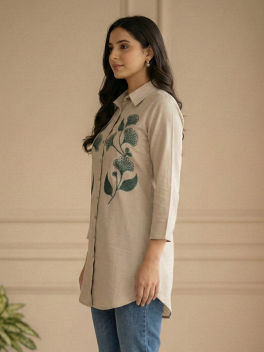 TerraDesi Sandstone Bloom Embroidered Crepe Shirt – Timeless Neutral Elegance