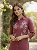TerraDesi Maroon Heritage Bloom Embroidered Crepe Shirt – Elegant Everyday Luxe