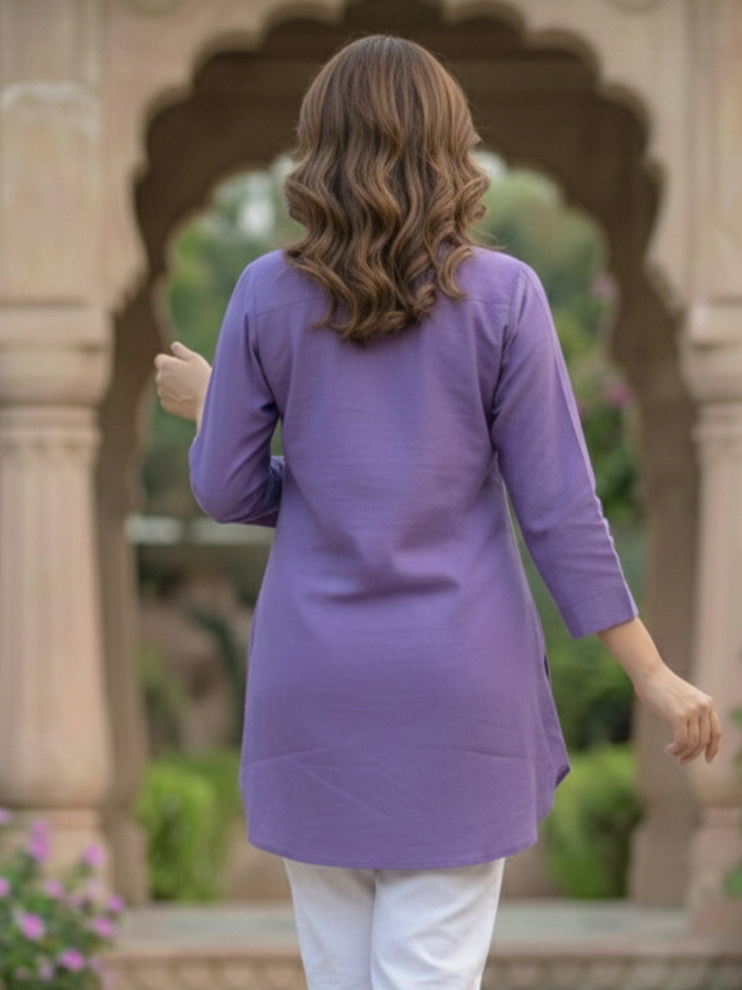TerraDesi Lavender Bloom Embroidered Crepe Shirt – Soft Royal Elegance