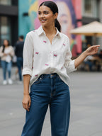 Elegant White Dobby Shirt with Delicate Floral Embroidery for Women – Regular Fit Casual & Party Wear