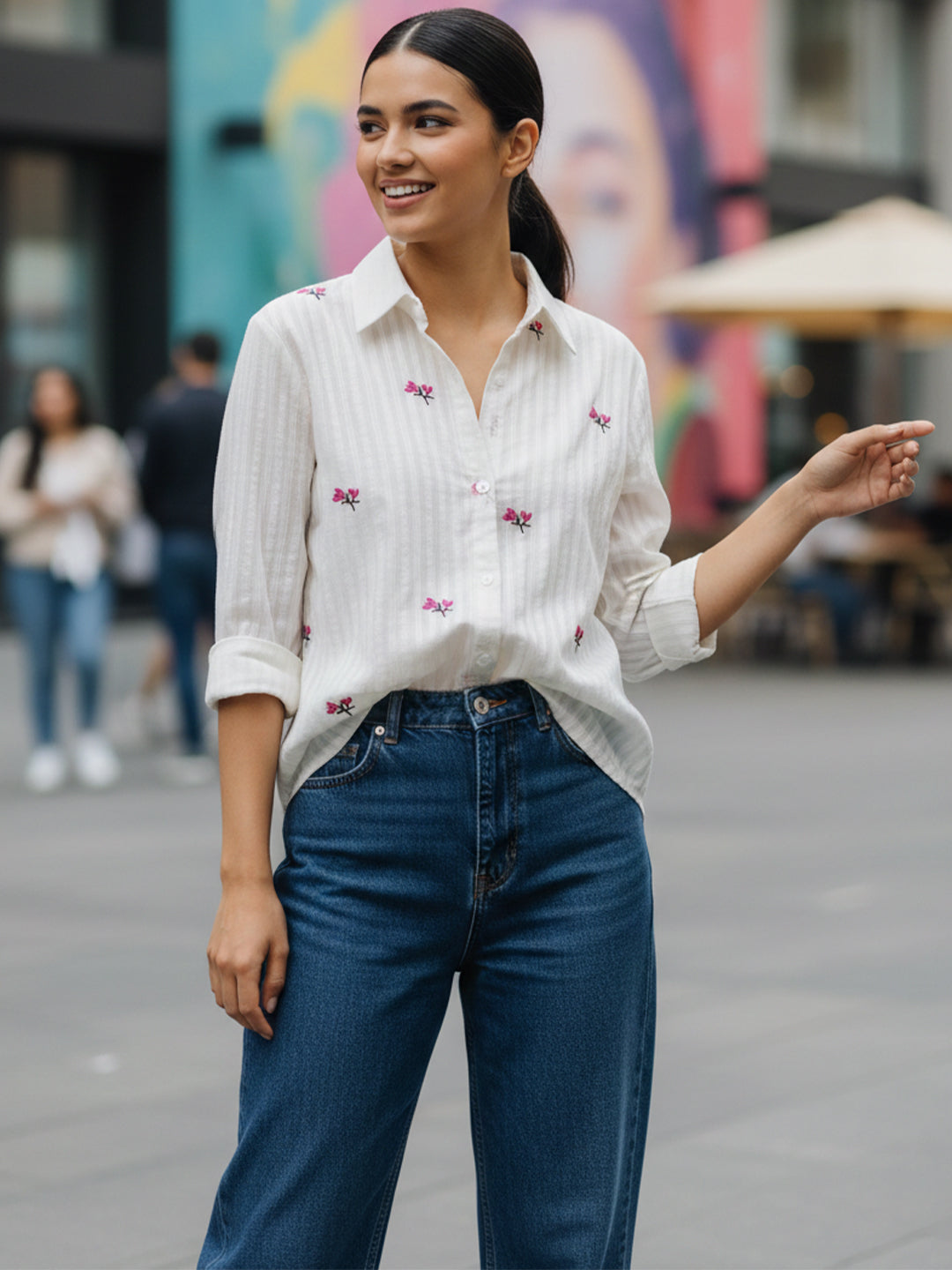 Elegant White Dobby Shirt with Delicate Floral Embroidery for Women – Regular Fit Casual & Party Wear