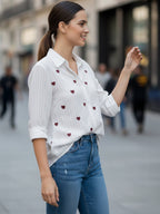 Elegant White Dobby Shirt with Heart Embroidery for Women – Regular Fit Casual & Party Wear