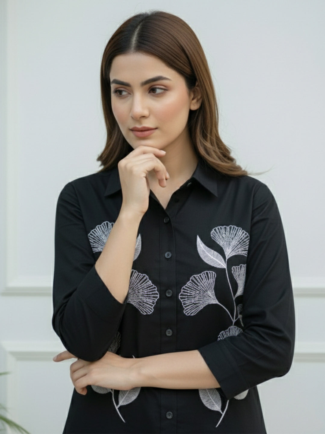 TerraDesi Noir Bloom Embroidered Crepe Shirt – Elegant Black Statement