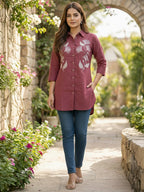 TerraDesi Maroon Heritage Bloom Embroidered Crepe Shirt – Elegant Everyday Luxe
