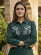 TerraDesi Forest Grace Embroidered Crepe Shirt – Nature-Inspired Elegance