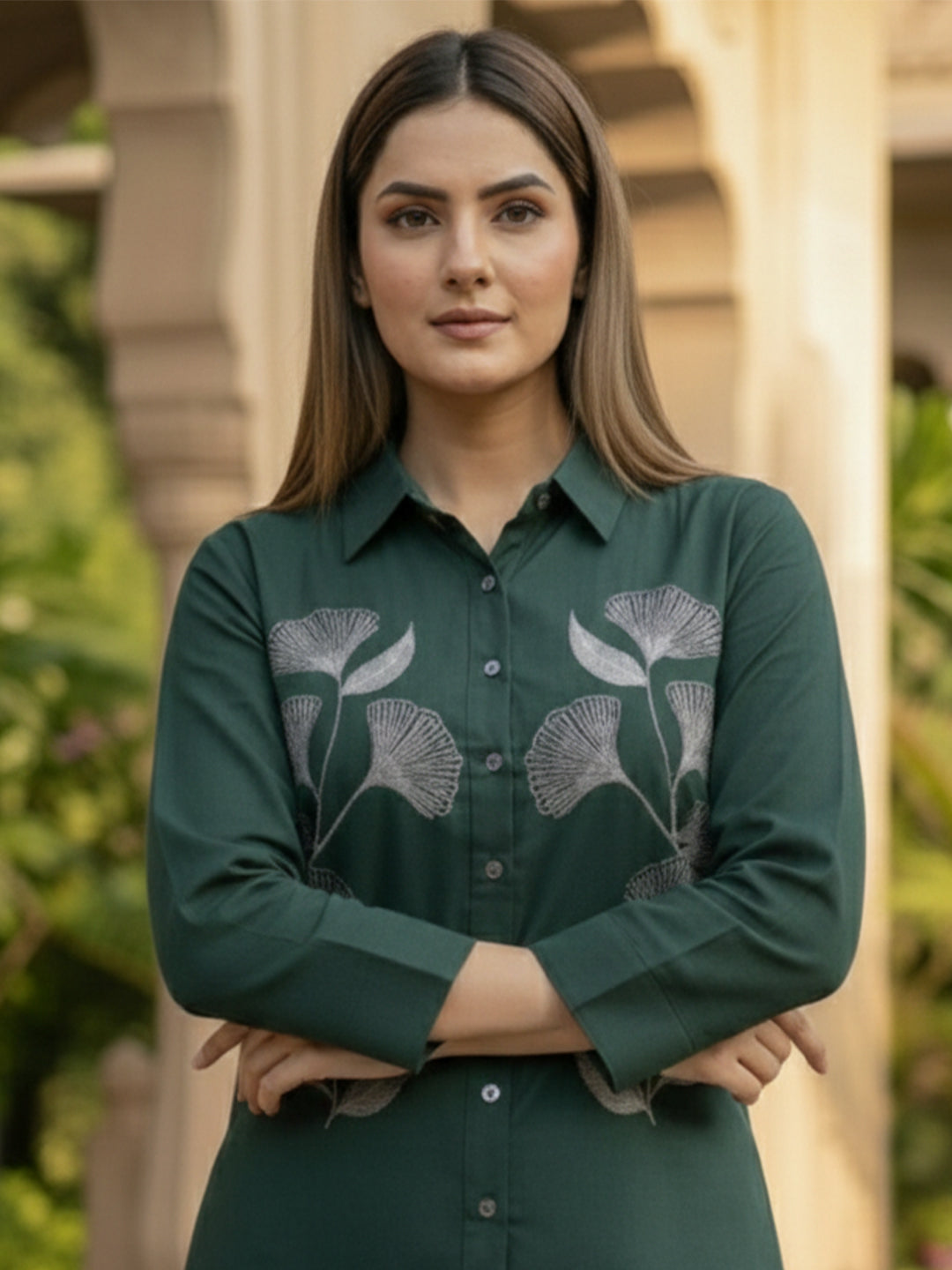 TerraDesi Forest Grace Embroidered Crepe Shirt – Nature-Inspired Elegance