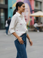 Elegant White Dobby Shirt with Delicate Floral Embroidery for Women – Regular Fit Casual & Party Wear