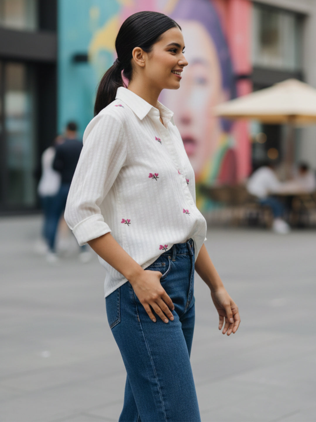 Elegant White Dobby Shirt with Delicate Floral Embroidery for Women – Regular Fit Casual & Party Wear