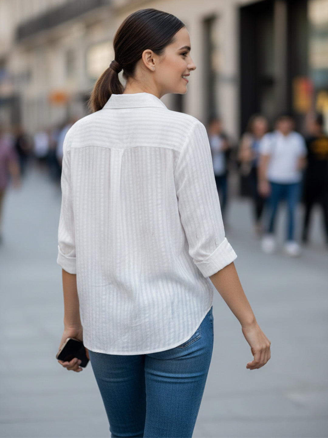 Elegant White Dobby Shirt with Heart Embroidery for Women – Regular Fit Casual & Party Wear