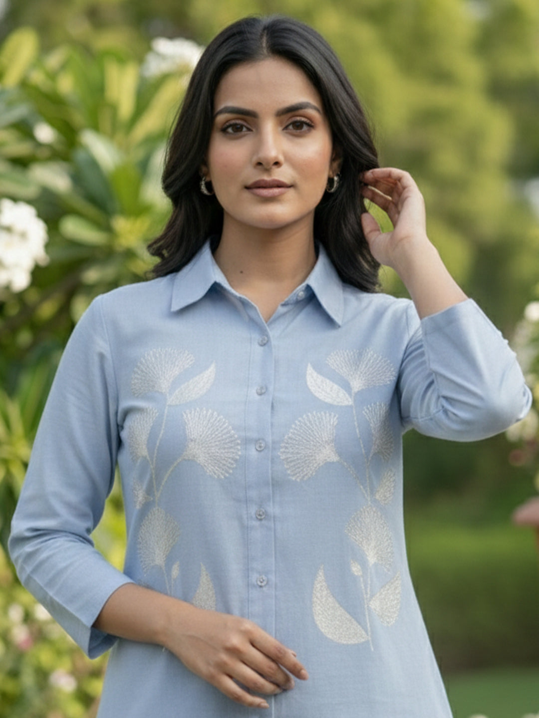 TerraDesi Sky Mist Embroidered Crepe Shirt – Soft Daylight Elegance