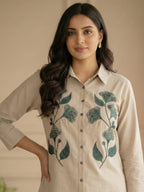 TerraDesi Sandstone Bloom Embroidered Crepe Shirt – Timeless Neutral Elegance