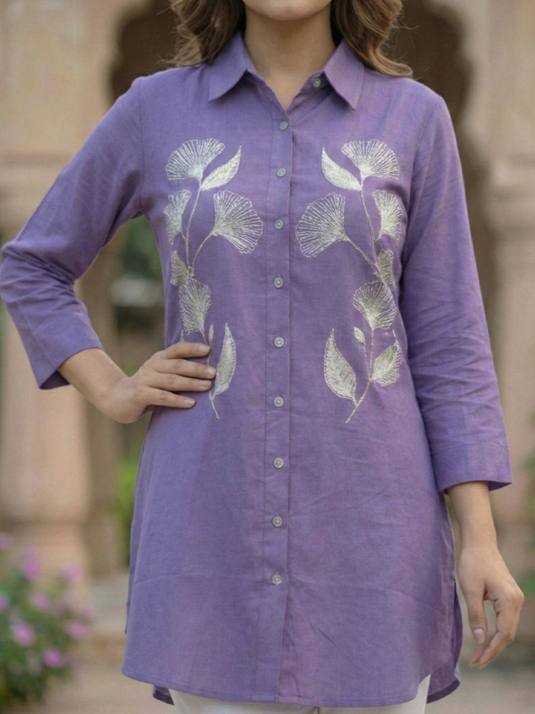 TerraDesi Lavender Bloom Embroidered Crepe Shirt – Soft Royal Elegance