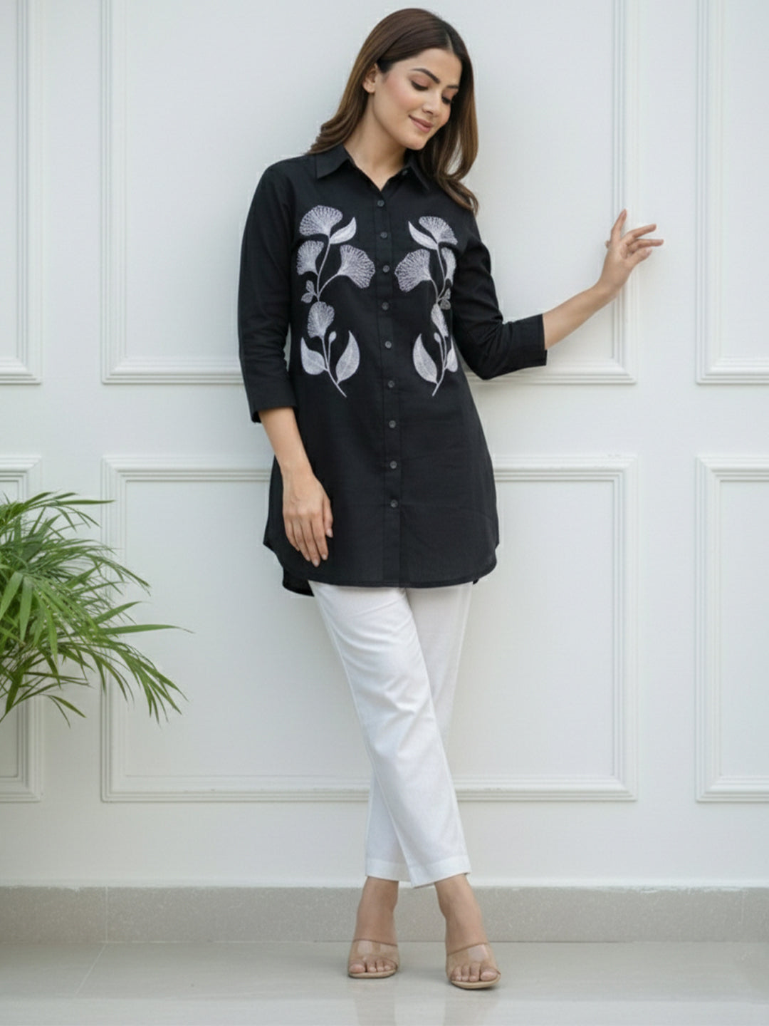 TerraDesi Noir Bloom Embroidered Crepe Shirt – Elegant Black Statement
