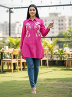 TerraDesi Rani Pink Botanical Embroidered Crepe Shirt – Bold Elegant Wear