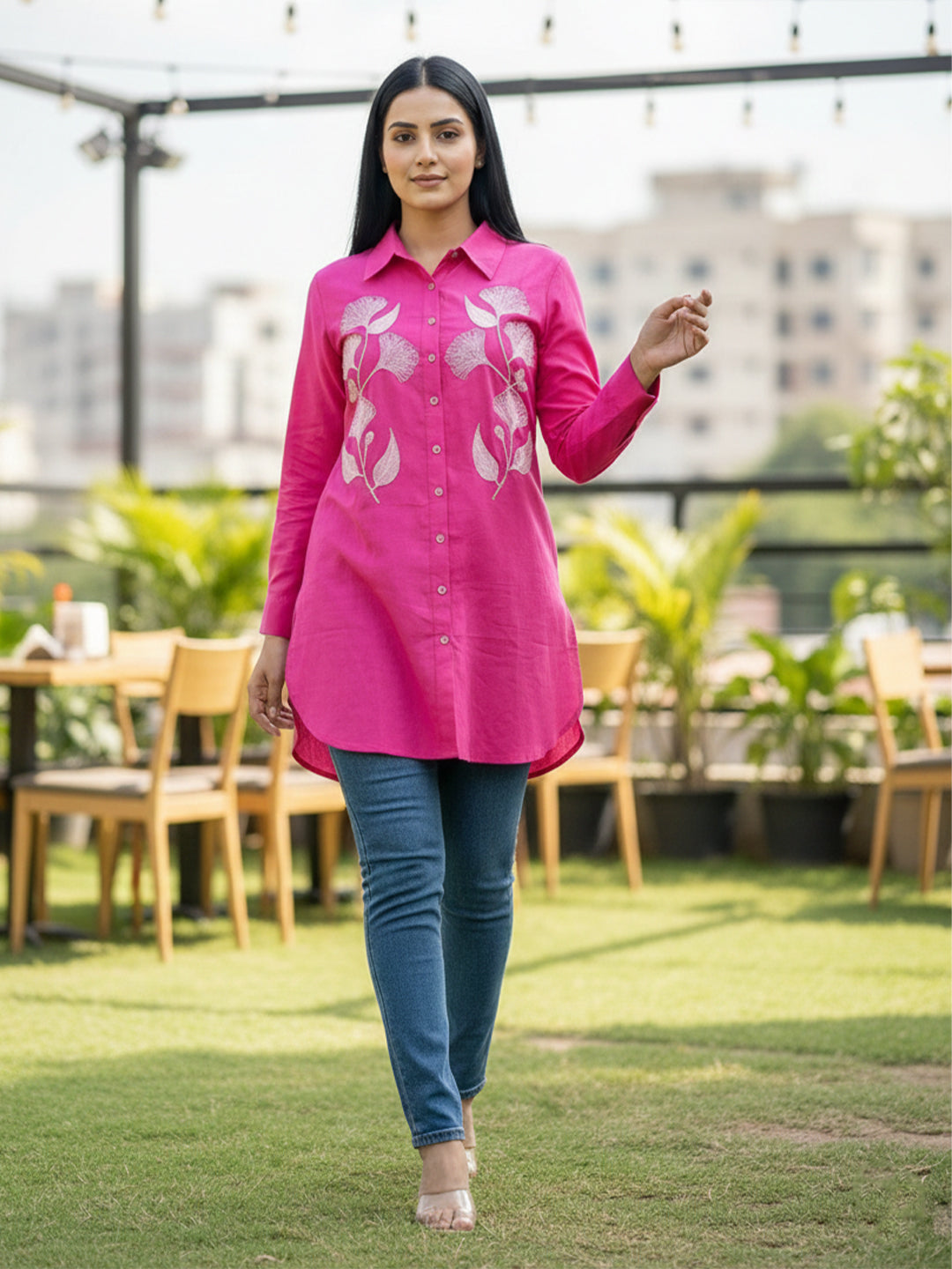 TerraDesi Rani Pink Botanical Embroidered Crepe Shirt – Bold Elegant Wear