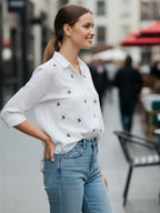Cherry Muse White Dobby Shirt with Delicate Embroidery for Women