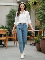 Elegant White Dobby Shirt with Pineapple Embroidery for Women – Regular Fit Casual & Weekend Wear