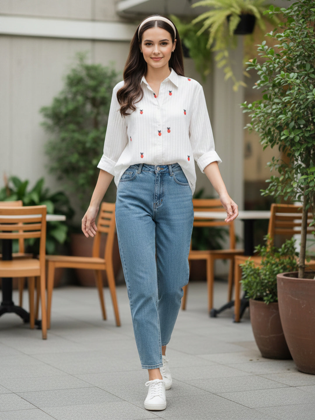 Elegant White Dobby Shirt with Pineapple Embroidery for Women – Regular Fit Casual & Weekend Wear