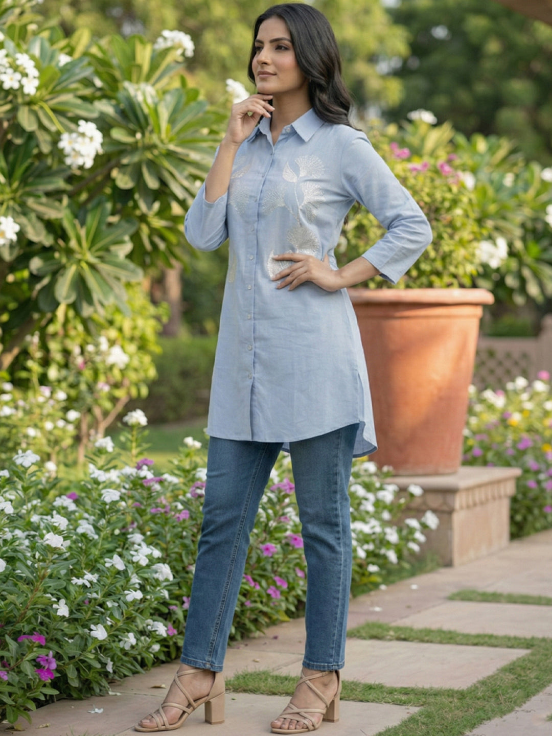 TerraDesi Sky Mist Embroidered Crepe Shirt – Soft Daylight Elegance