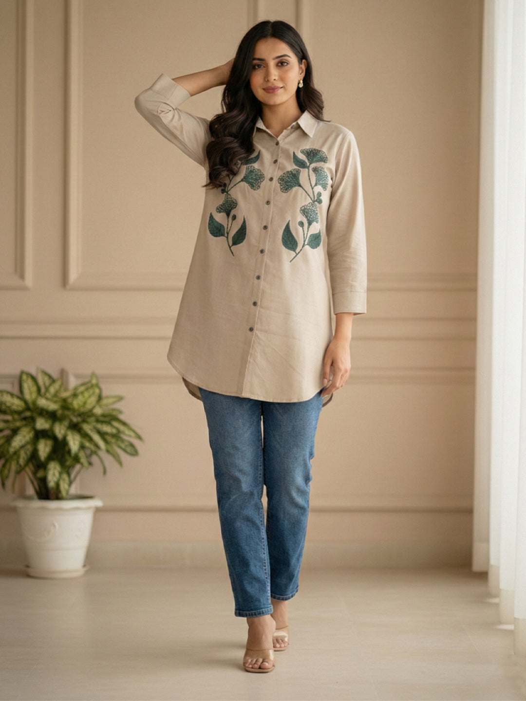 TerraDesi Sandstone Bloom Embroidered Crepe Shirt – Timeless Neutral Elegance