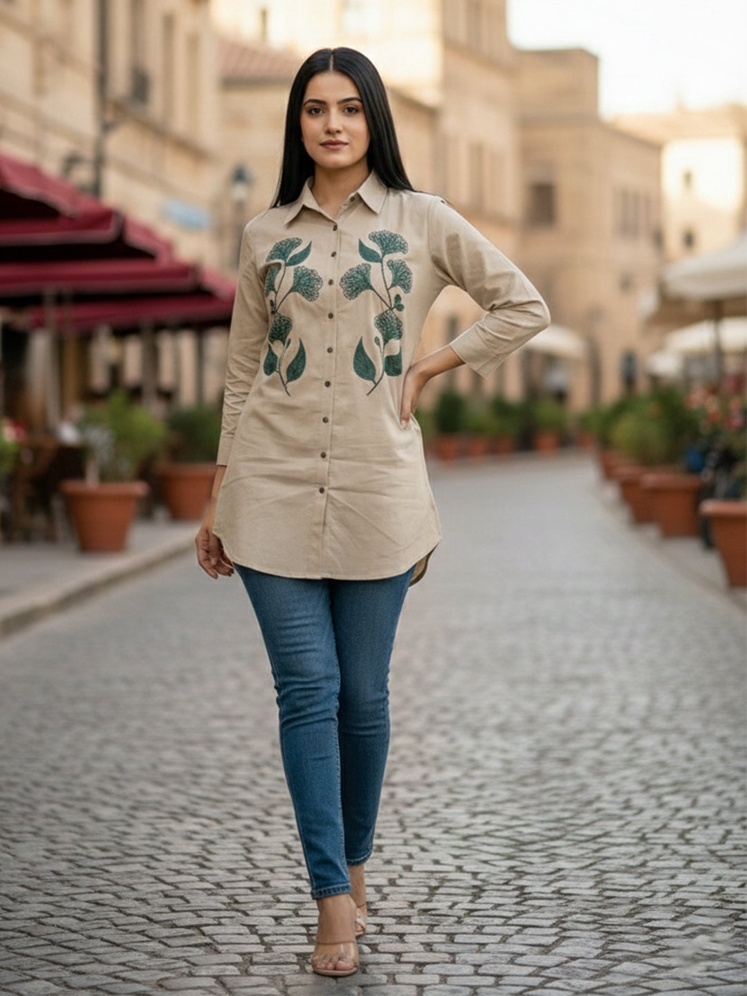 TerraDesi Sandstone Botanical Embroidered Crepe Shirt – Elegant Heritage Wear