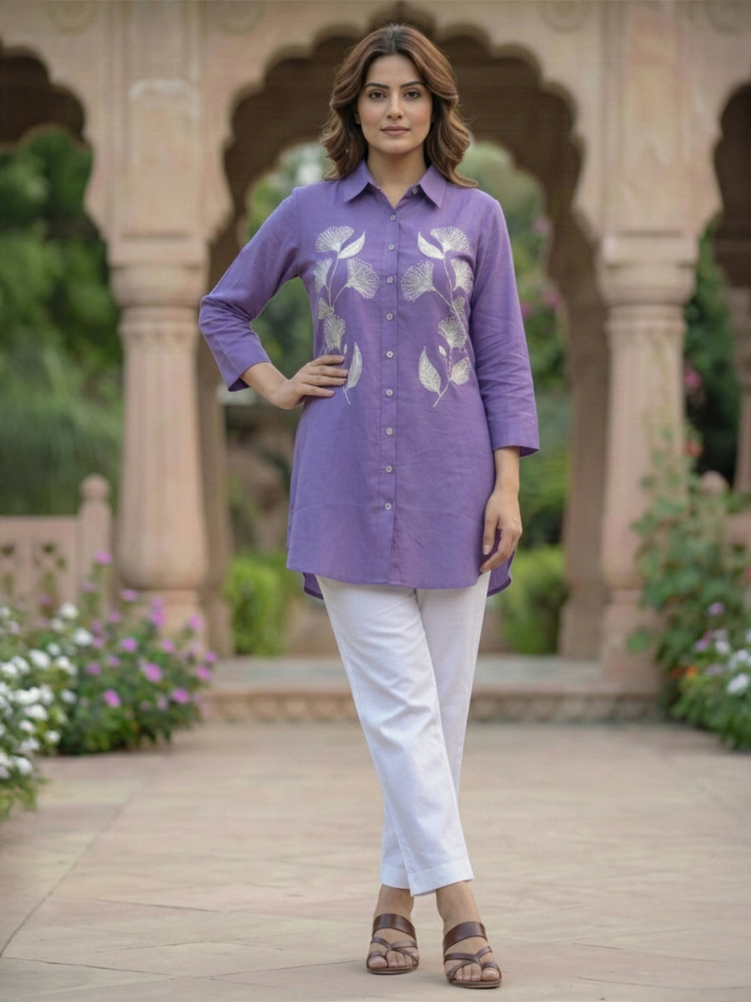 TerraDesi Lavender Bloom Embroidered Crepe Shirt – Soft Royal Elegance