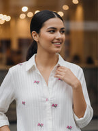 Elegant White Dobby Shirt with Delicate Floral Embroidery for Women – Regular Fit Casual & Party Wear