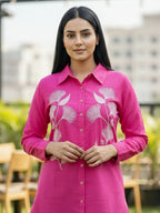 TerraDesi Rani Pink Botanical Embroidered Crepe Shirt – Bold Elegant Wear