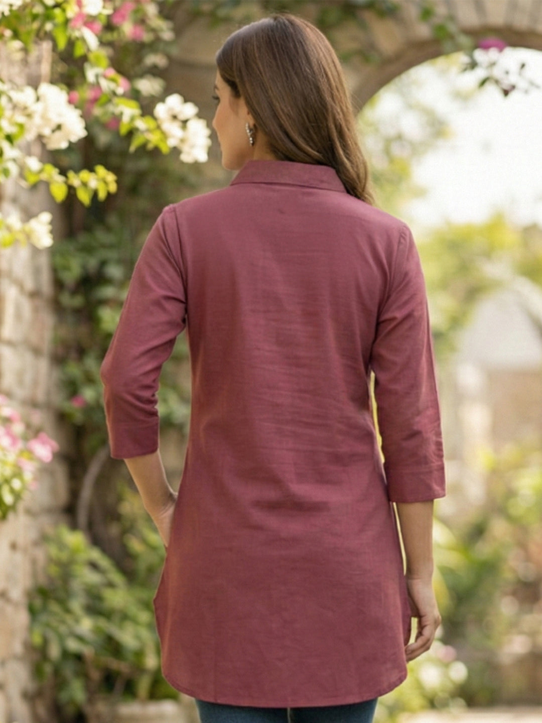 TerraDesi Maroon Heritage Bloom Embroidered Crepe Shirt – Elegant Everyday Luxe