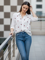 Elegant White Dobby Shirt with Heart Embroidery for Women – Regular Fit Casual & Party Wear