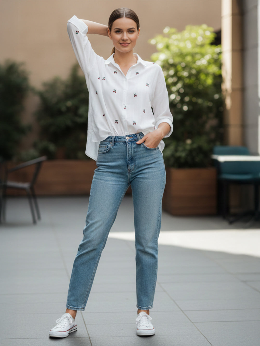 Cherry Muse White Dobby Shirt with Delicate Embroidery for Women
