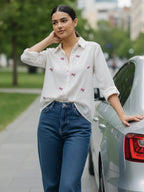Elegant White Dobby Shirt with Delicate Floral Embroidery for Women – Regular Fit Casual & Party Wear