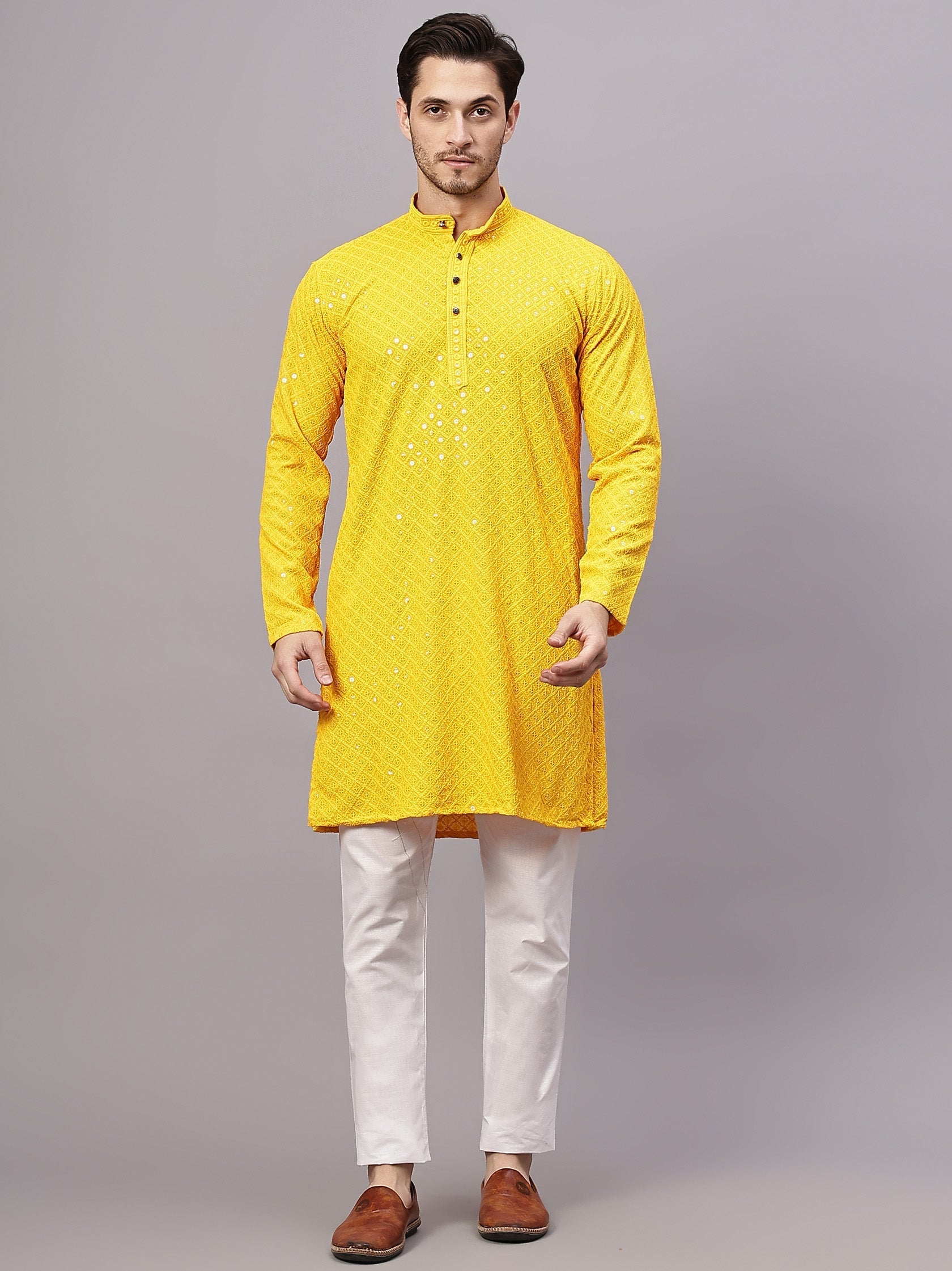 TerraDesi Golden Radiance Chikankari Sequined Kurta Pajama Set