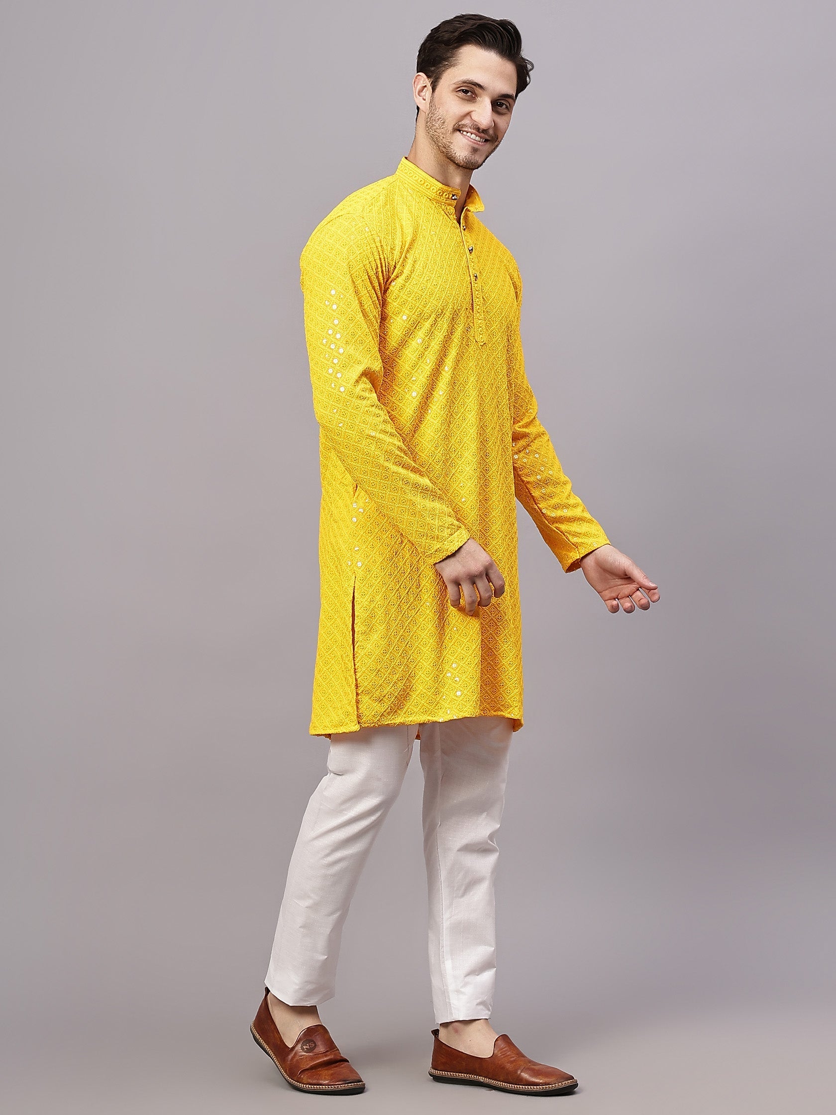 TerraDesi Golden Radiance Chikankari Sequined Kurta Pajama Set
