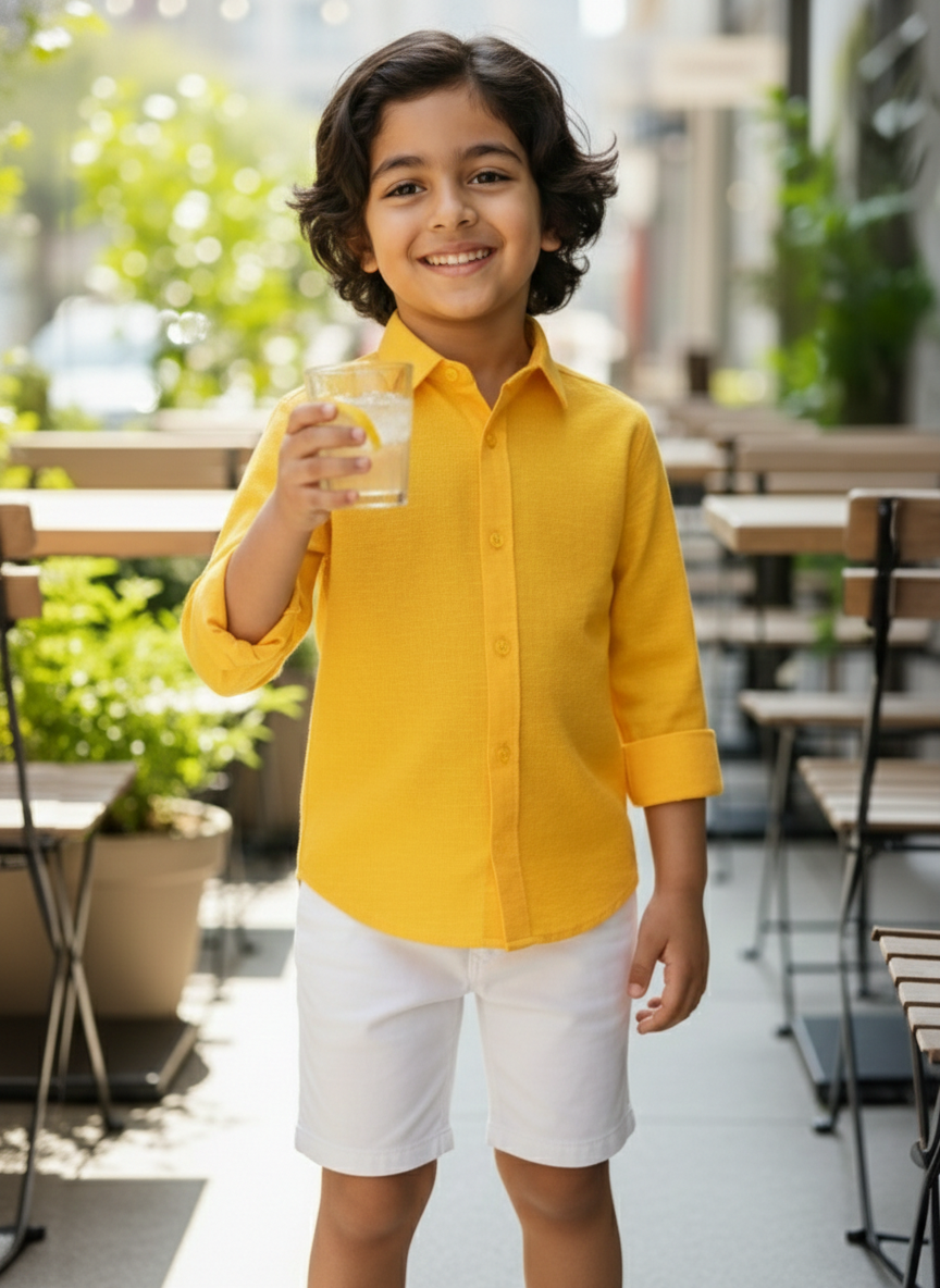 TerraDesi Junior Saffron Glow Solid Cotton Blend Full Sleeve Shirt