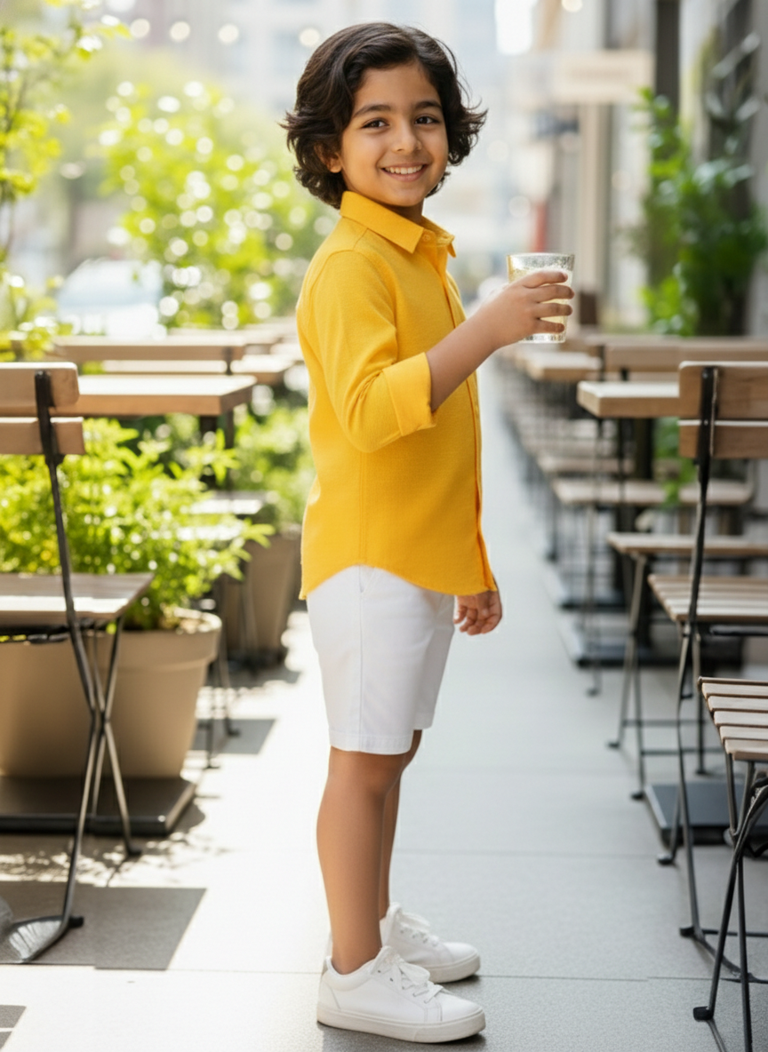TerraDesi Junior Saffron Glow Solid Cotton Blend Full Sleeve Shirt