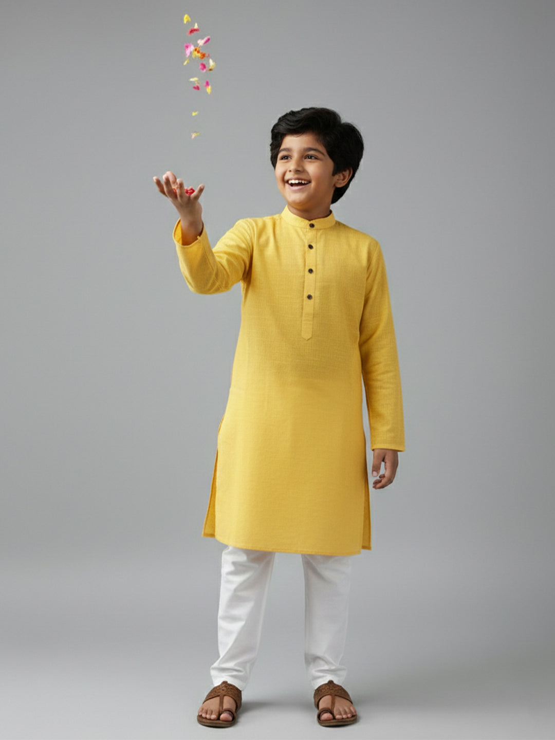 TerraDesi Junior Emerald Heirloom Solid Cotton Long Kurta Pajama Set