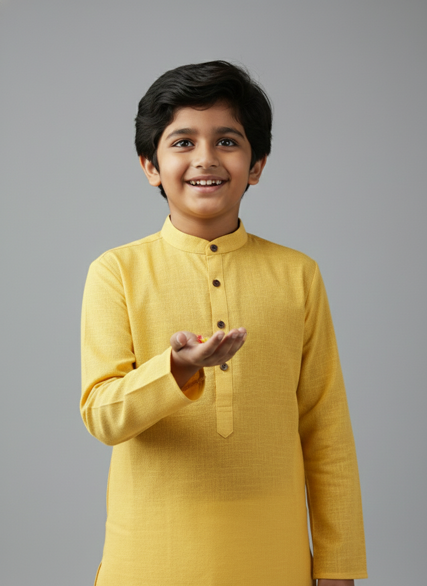 TerraDesi Junior Emerald Heirloom Solid Cotton Long Kurta Pajama Set