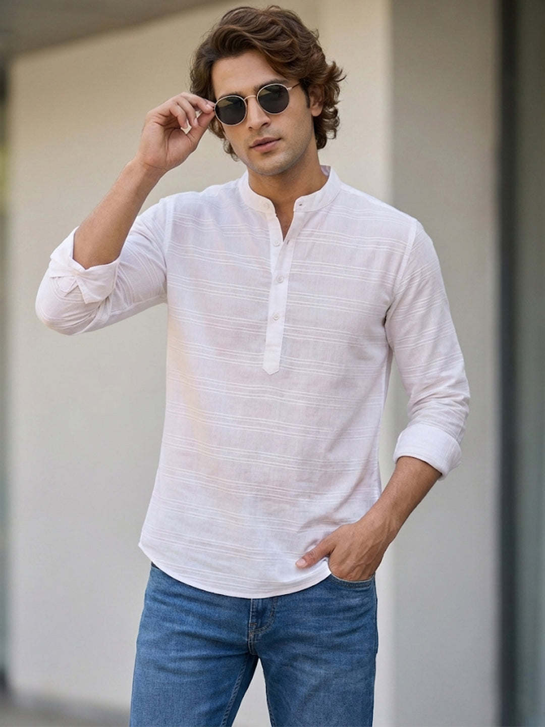 TerraDesi White Horizon Textured Cotton Short Kurta for Men | Mandarin Collar Roll-Up Sleeve Kurta