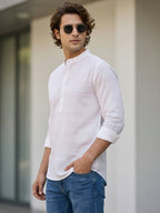 TerraDesi White Horizon Textured Cotton Short Kurta for Men | Mandarin Collar Roll-Up Sleeve Kurta