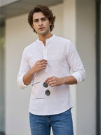 TerraDesi White Horizon Textured Cotton Short Kurta for Men | Mandarin Collar Roll-Up Sleeve Kurta