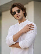 TerraDesi White Horizon Textured Cotton Short Kurta for Men | Mandarin Collar Roll-Up Sleeve Kurta