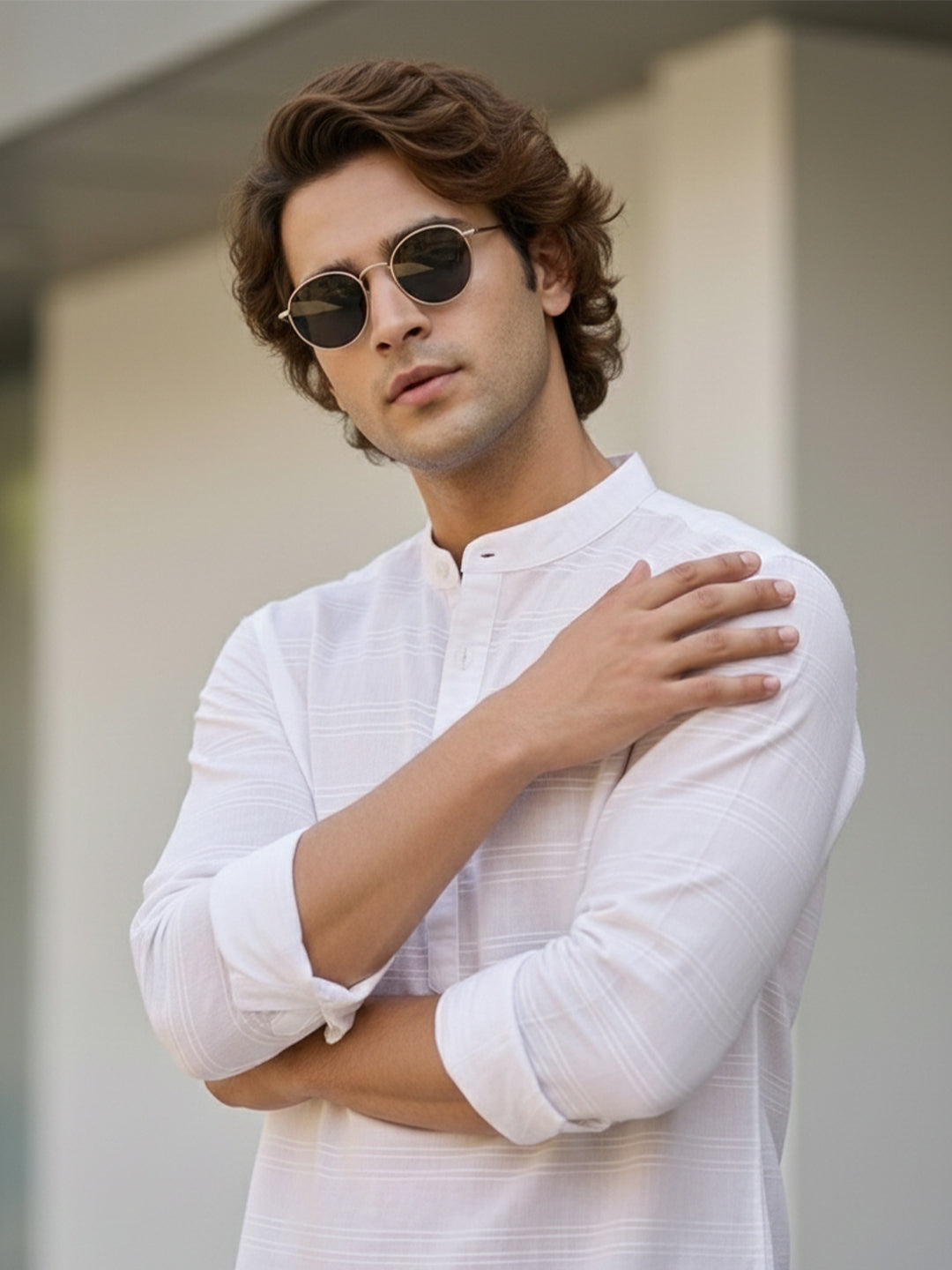 TerraDesi White Horizon Textured Cotton Short Kurta for Men | Mandarin Collar Roll-Up Sleeve Kurta