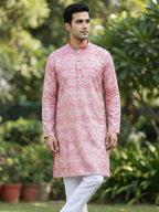 TerraDesi Royal Peach Crochet Kurta Set for Men – Designer Self Printed Festive Kurta with Pajama
