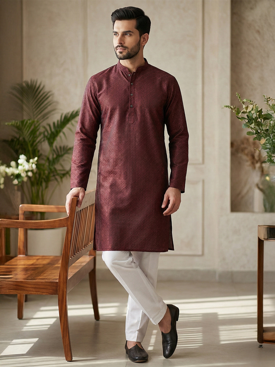 RudraRaj Jacquard Festive Kurta for Men | TerraDesi Royal Maroon Long Kurta