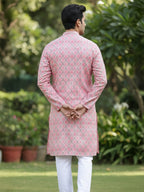 TerraDesi Royal Peach Crochet Kurta Set for Men – Designer Self Printed Festive Kurta with Pajama