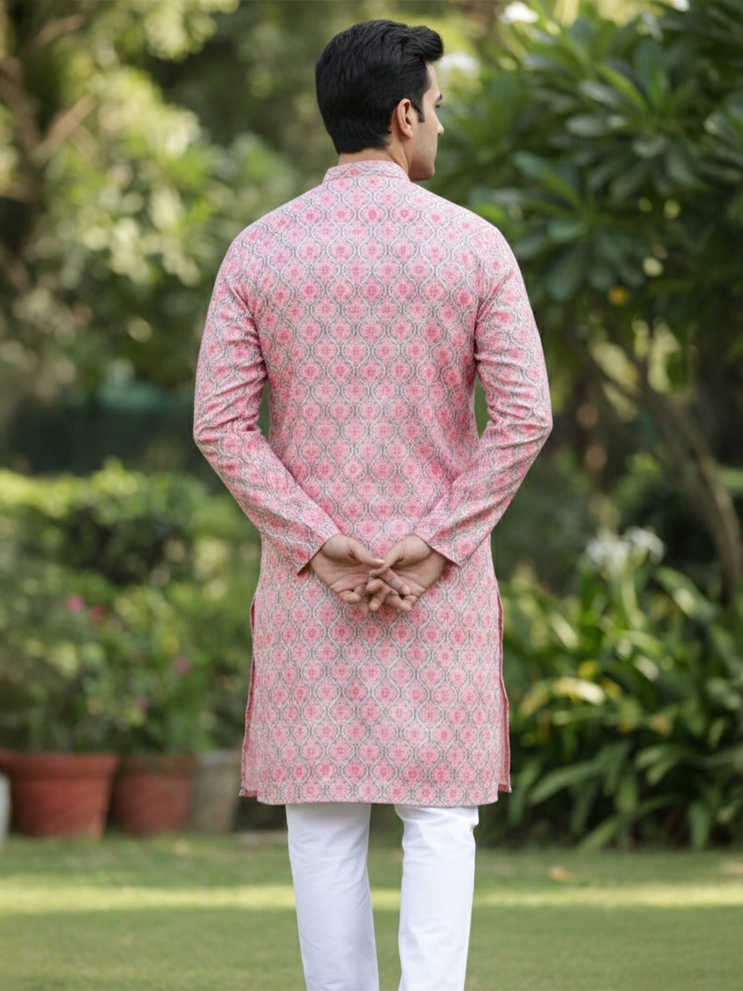 TerraDesi Royal Peach Crochet Kurta Set for Men – Designer Self Printed Festive Kurta with Pajama