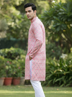 TerraDesi Royal Peach Crochet Kurta Set for Men – Designer Self Printed Festive Kurta with Pajama